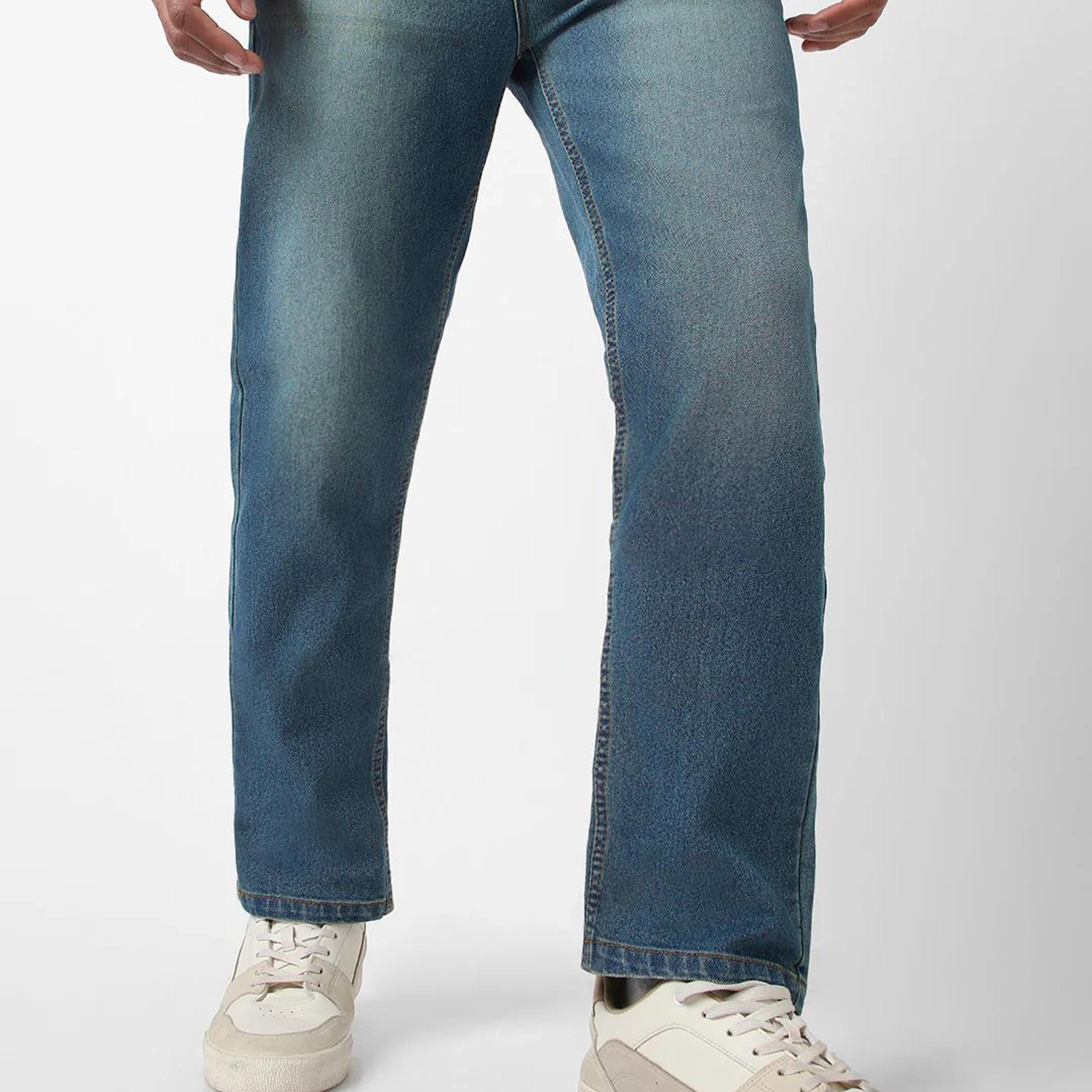 Men's Light Blue Straight Fit Washed Jeans Stretchable