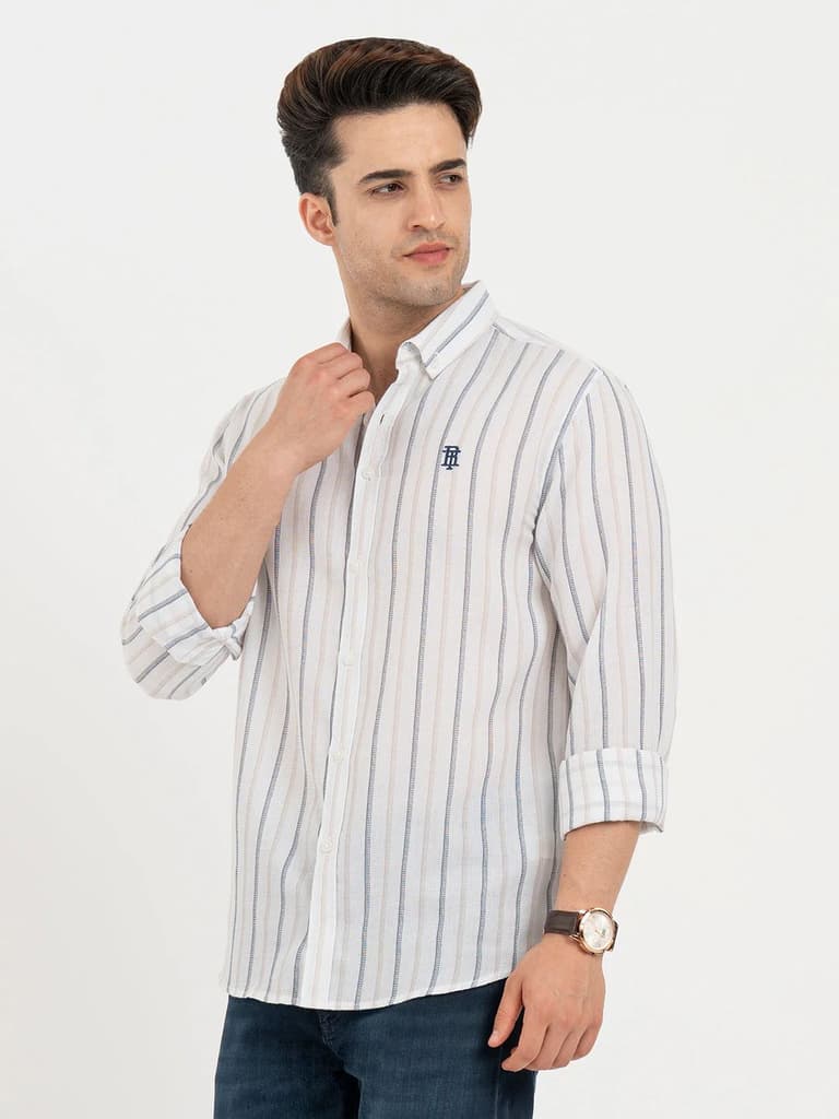Shirts for Men in White | Striped Full Sleeve Shirt — photo 2