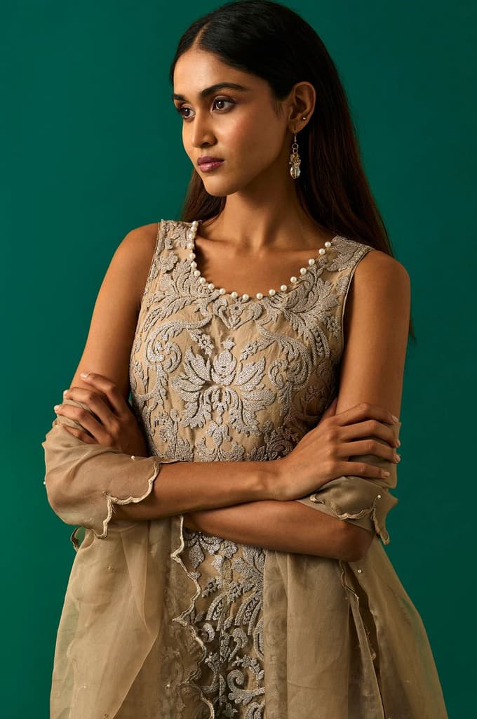 Beige Embroidered Anarkali Dress with Churidar and Dupatta Set — photo 2