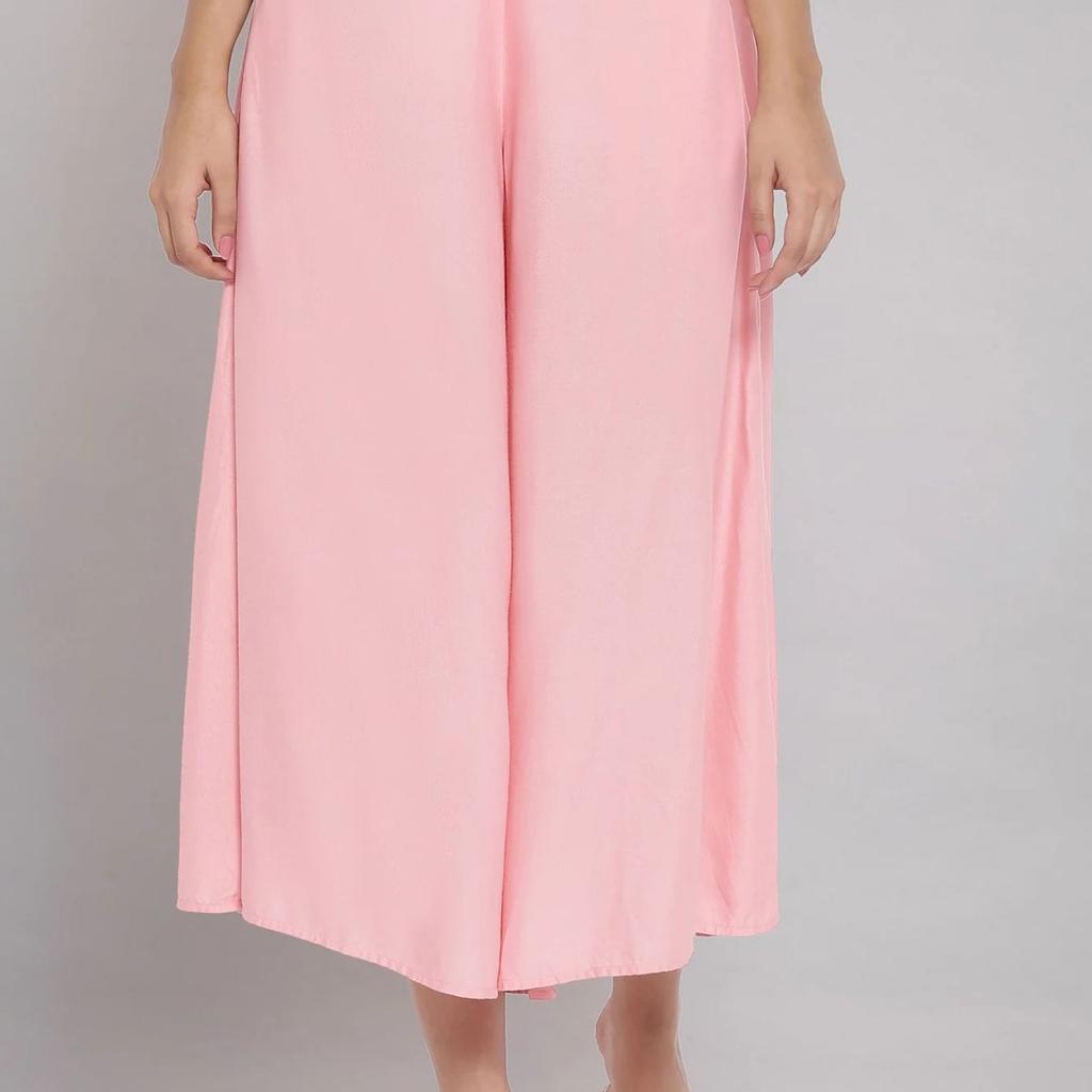 Pink Solid Flared Cotton Culottes With Elasticated Waist