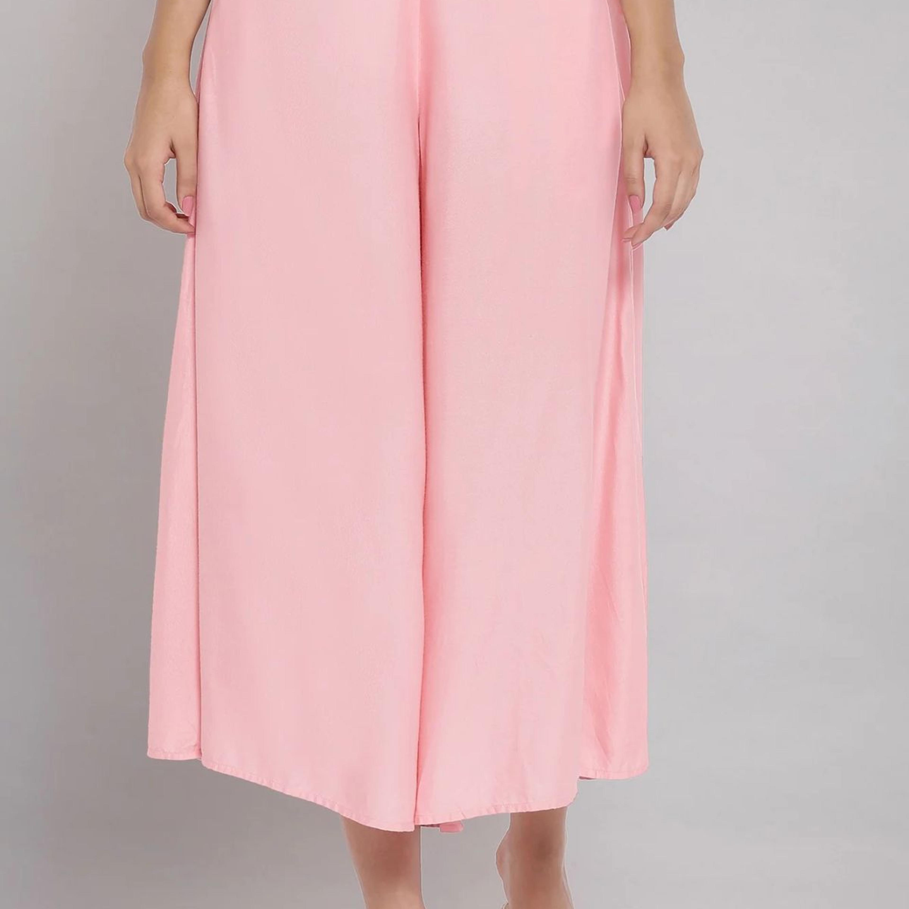 Pink Solid Flared Cotton Culottes With Elasticated Waist