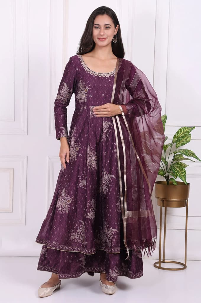 Purple Floral Printed Embroidered Anarkali Kurta with Dupatta Set — photo 2