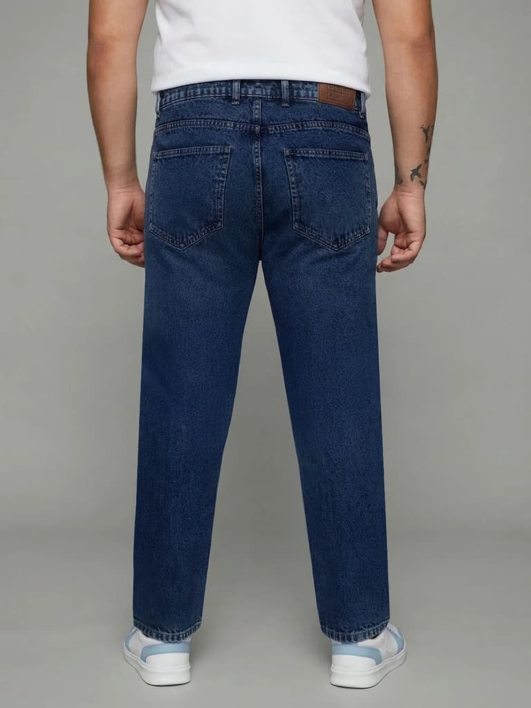 Plus Men's Dark Blue Relaxed Fit Washed Denim Jeans Non-Stretchable — photo 3