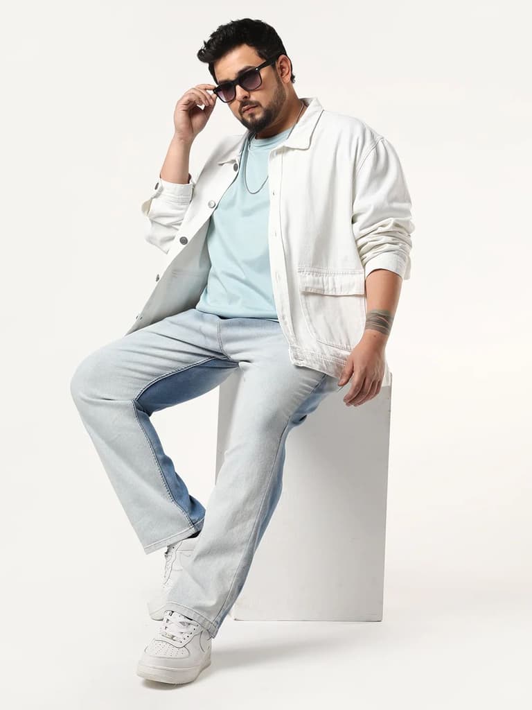 Plus Men's Light Blue Straight Fit Heavy Washed Faded Denim Jeans Stretchable — photo 5