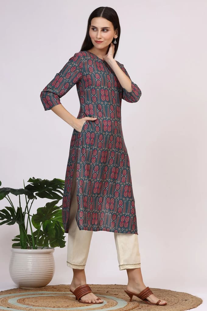 Forest Green Paisley Printed Rayon Straight Kurta — photo 7