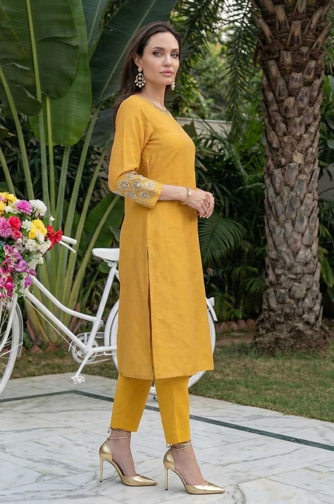 Mustard Embroidered A-Line Rayon Kurta — photo 6