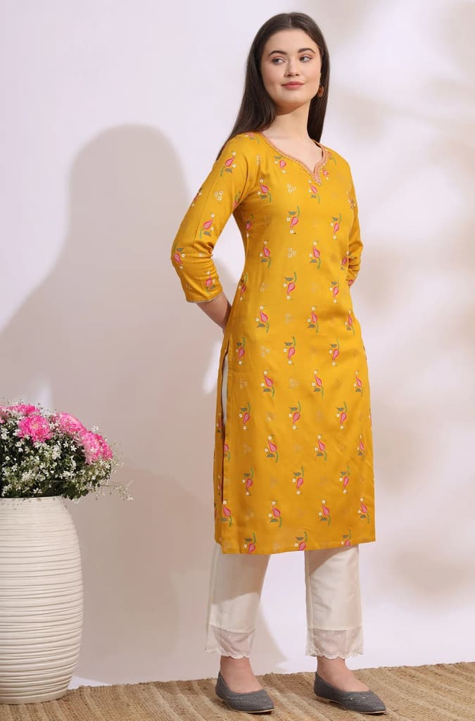 Deep Yellow Floral Printed Rayon Straight Kurta with Embroidered Neck — photo 7