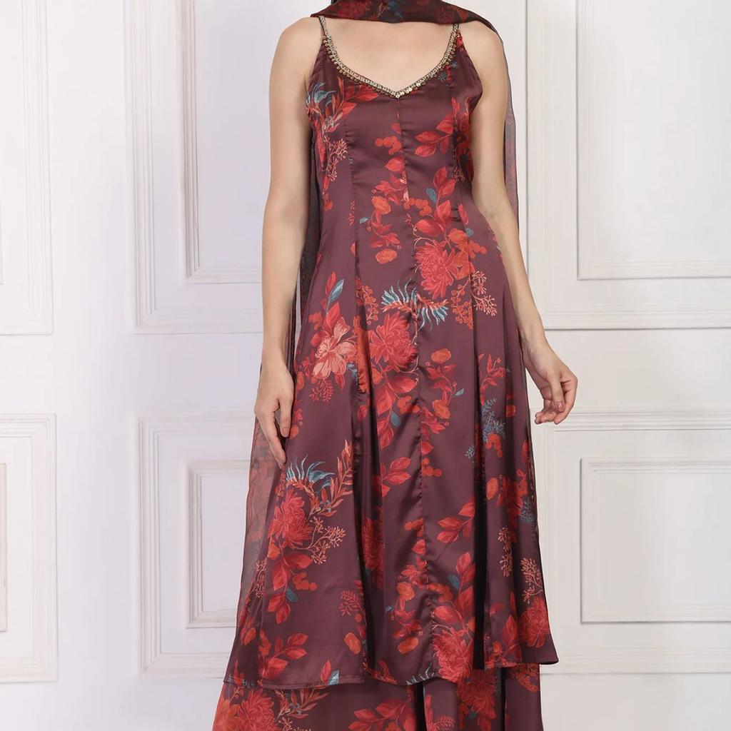 Maroon Floral Printed Sequined A-Line Satin Kurta with Flared Pant and Dupatta Set