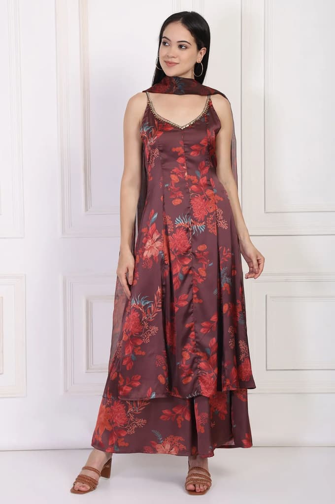 Maroon Floral Printed Sequined A-Line Satin Kurta with Flared Pant and Dupatta Set — XS