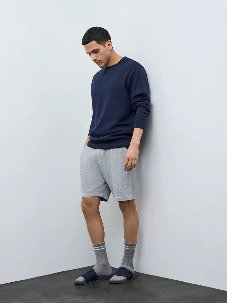 WES Lounge Navy Waffle-Textured Regular-Fit Cotton T-Shirt — photo 3
