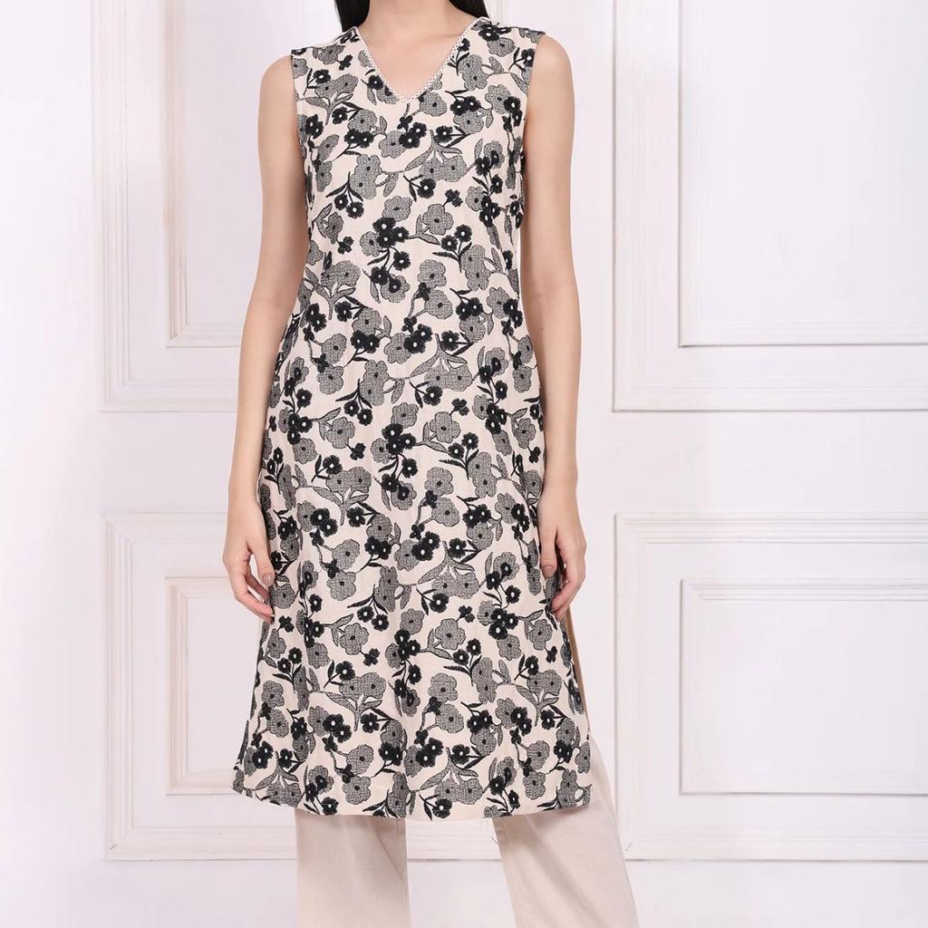 Beige Embroidered A-Line Rayon Kurta with Straight Pant