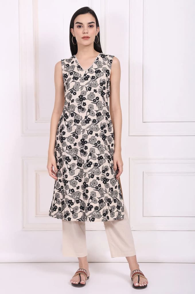 Beige Embroidered A-Line Rayon Kurta with Straight Pant — XS