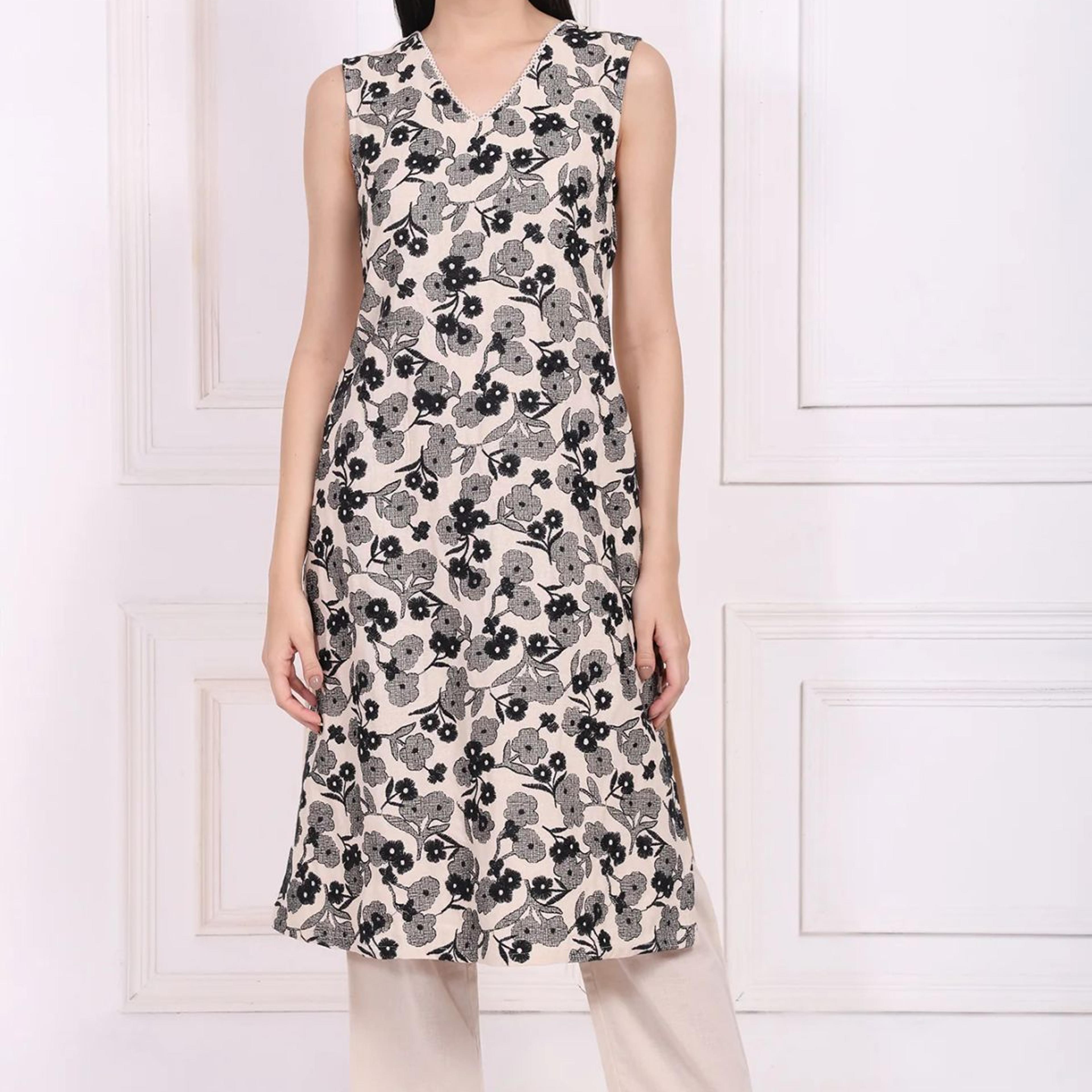 Beige Embroidered A-Line Rayon Kurta with Straight Pant