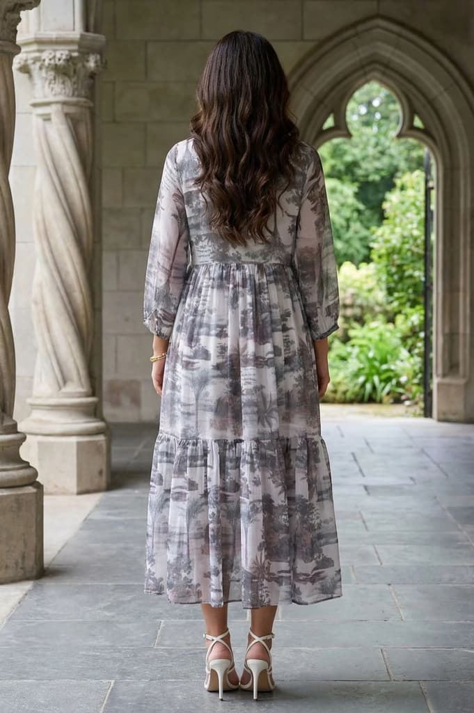 Grey Floral Printed Silver Chiffon Flared Dress — photo 5