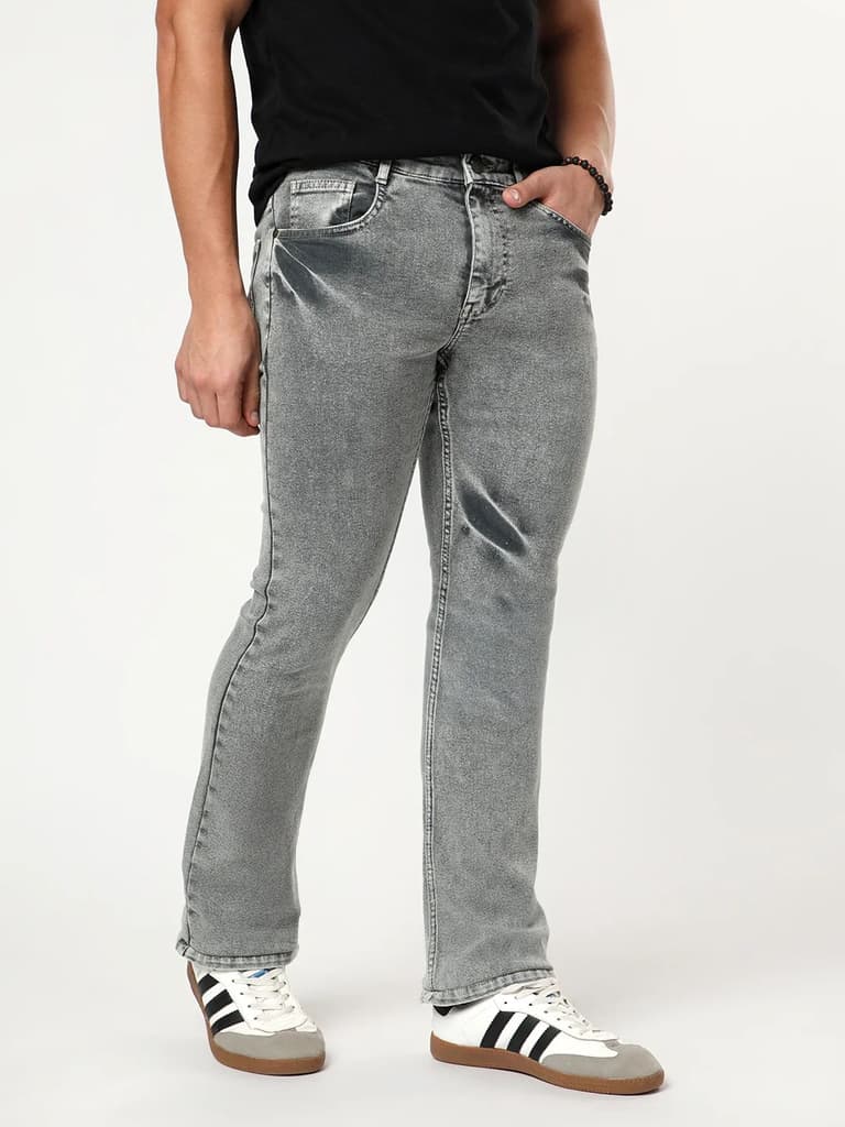 Men's Light Grey Bootcut Fit Mid Rise Acid Wash Jeans Stretchable — photo 2
