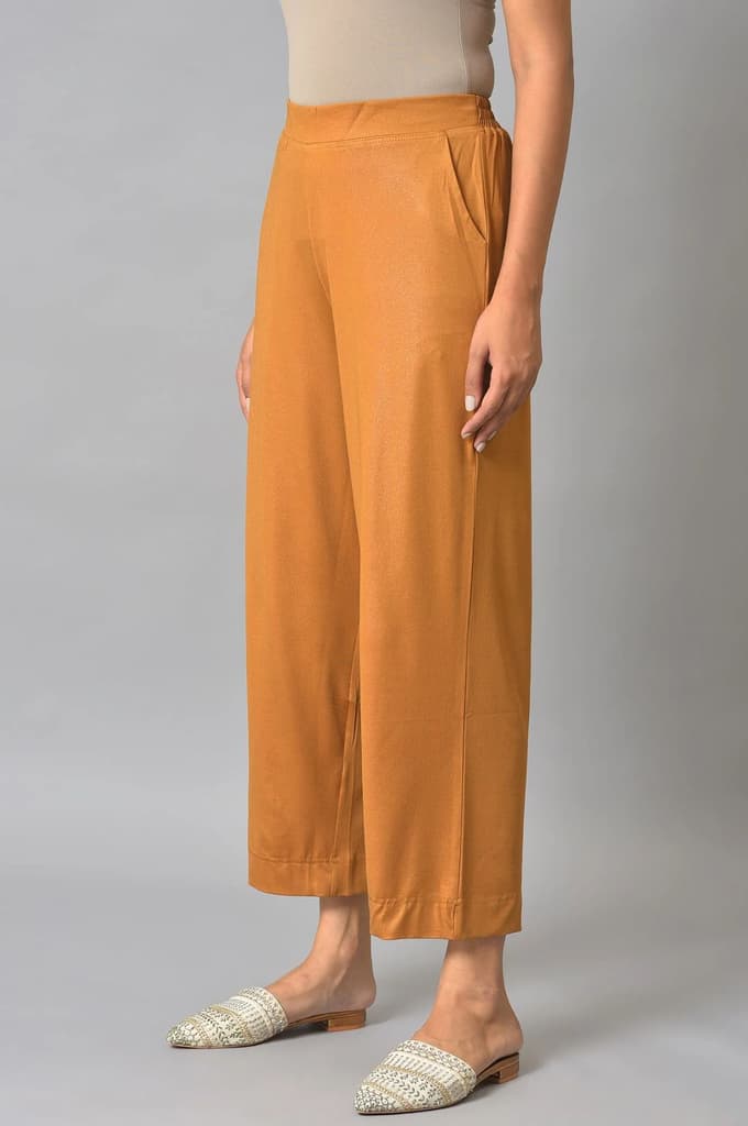 Brown Solid Straight Fit Palazzo With Slip On Closure — photo 3
