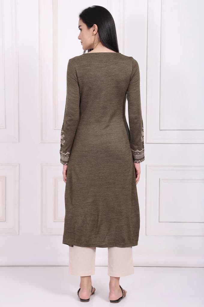 Olive Solid Embroidered Acrylic Straight Kurta — photo 5