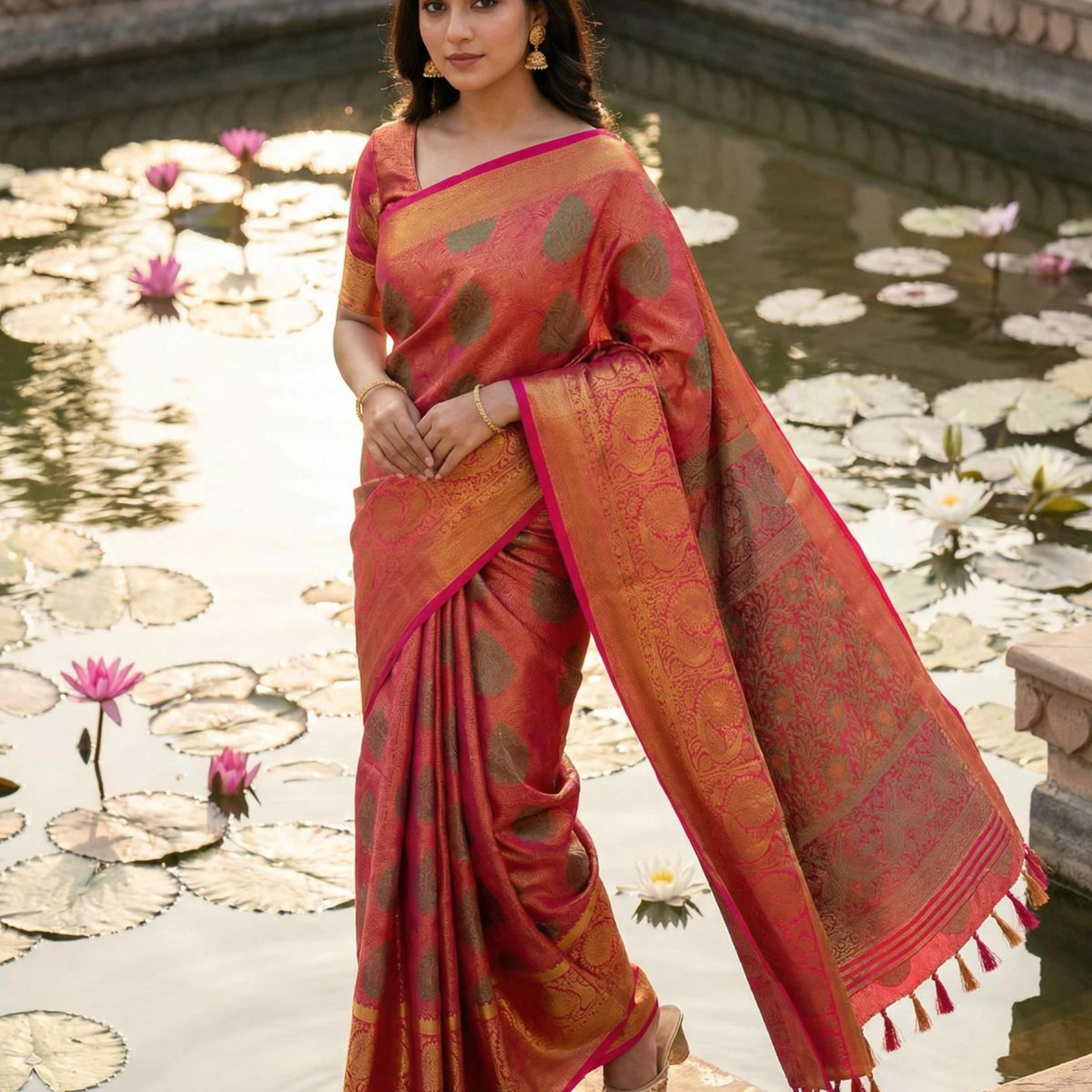 MIMOSA Women's Woven Design Kanjivaram Style Art Silk Saree with Blouse Piece - Rani ( SA00003145RNFREE )