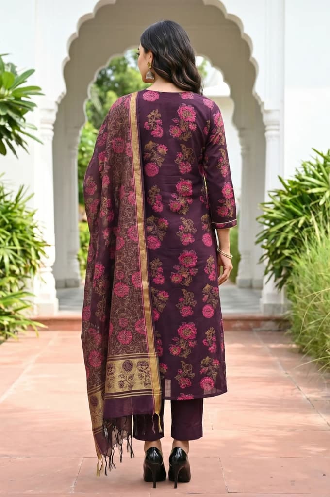Maroon Lace Trim A-Line Jacquard Kurta with Straight Pant and Dupatta Set — photo 4