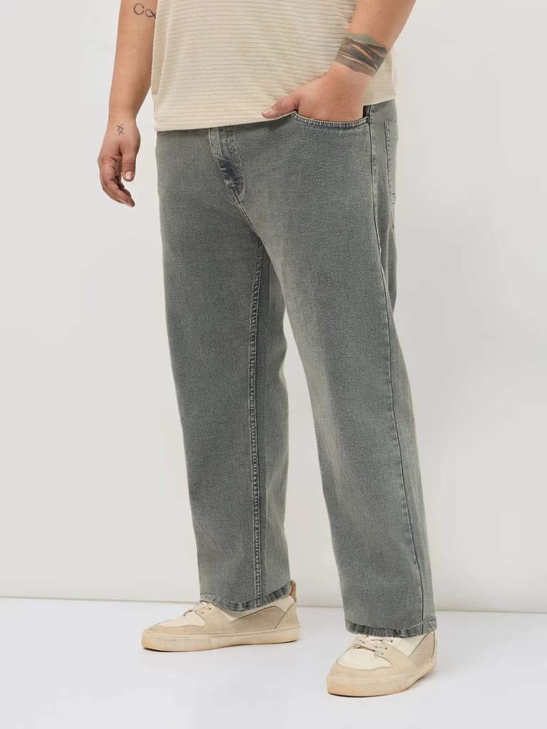 Plus Men's Light Grey Regular Fit Towel Washed Yellow Tint Denim Jeans Stretchable — photo 2