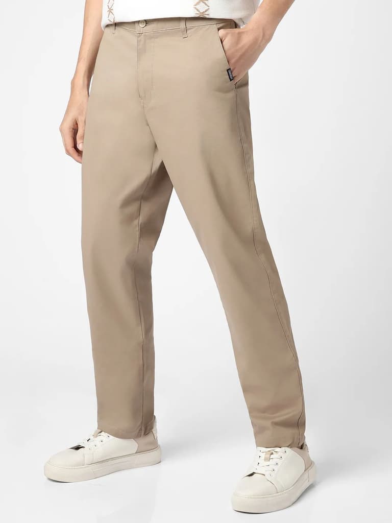 Men's Taupe Brown Cotton Regular Fit Casual Chinos Trousers Stretch — photo 2