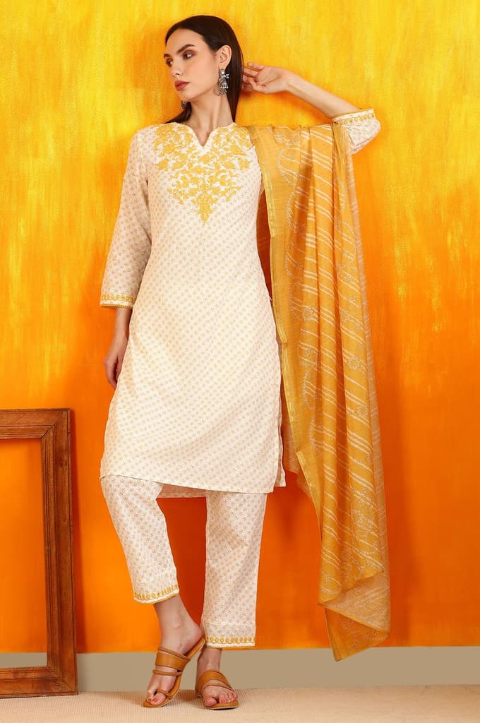White Dot Printed Embroidered Pure Cotton Straight Kurta, Pants and Dupatta Set — photo 2