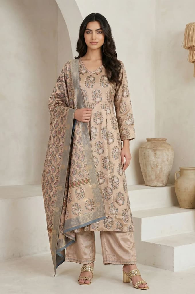 Beige Floral Printed Satin A-line Kurta with Parallel Pants and Dupatta Set — XS