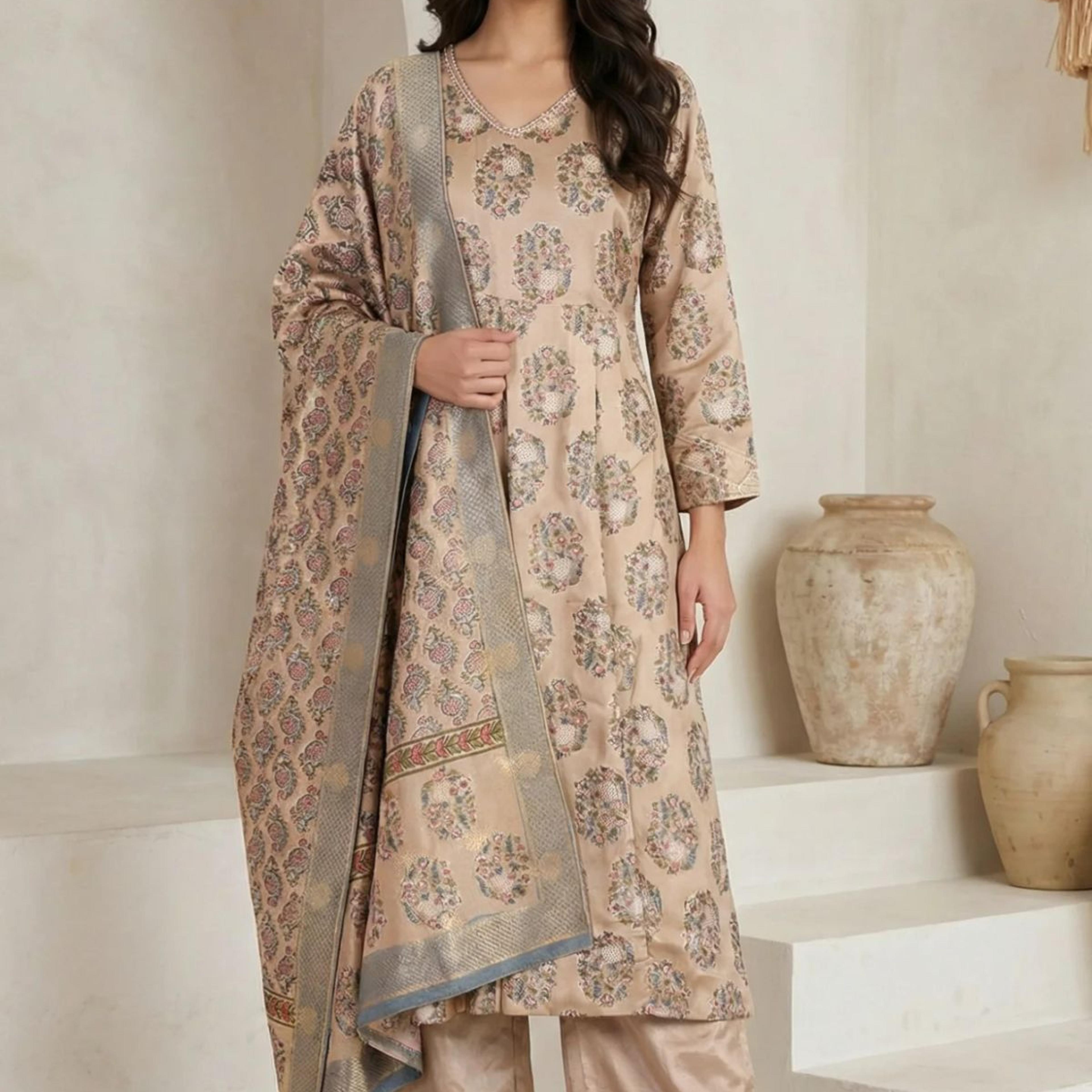 Beige Floral Printed Satin A-line Kurta with Parallel Pants and Dupatta Set