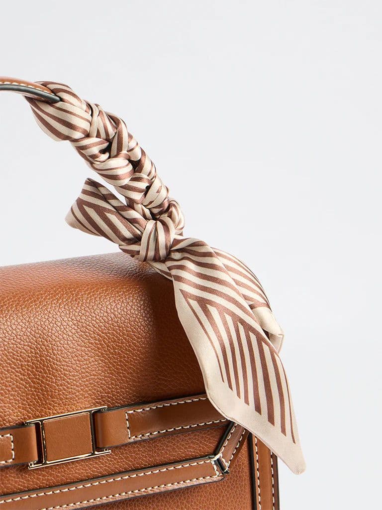 Westside Brown Textured Satchel Bag with a Scarf — photo 3