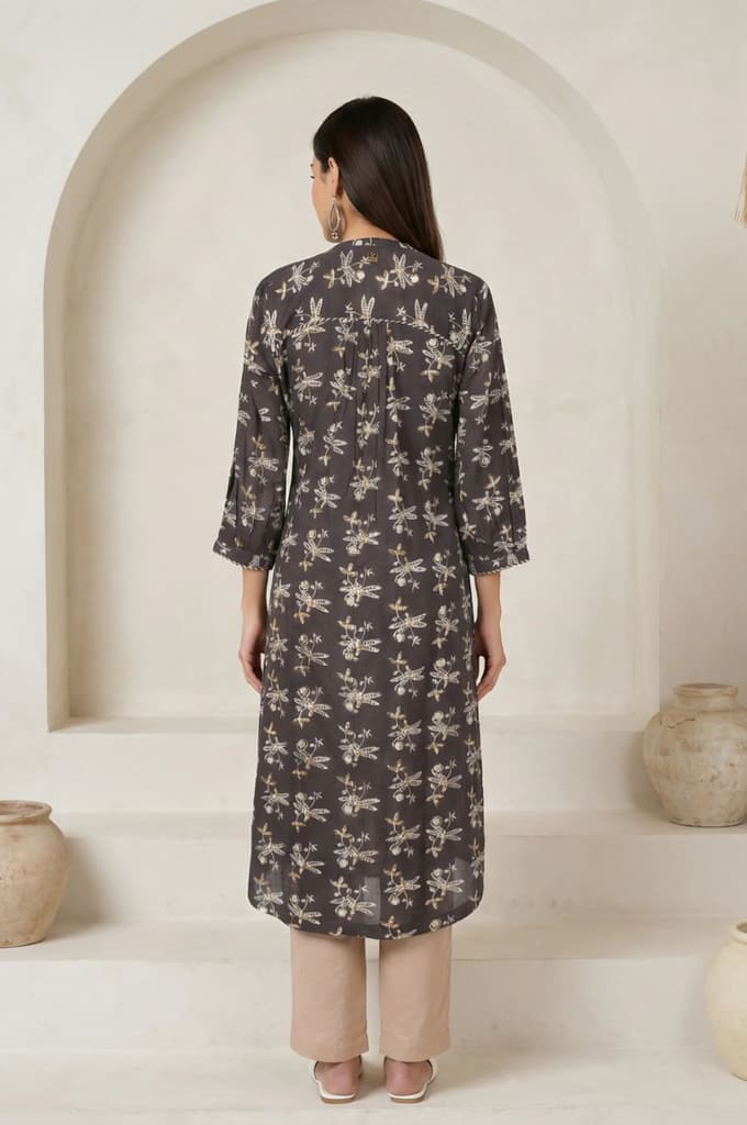 Charcoal Botanical Printed Pure Cotton Pleated Kurta — photo 4