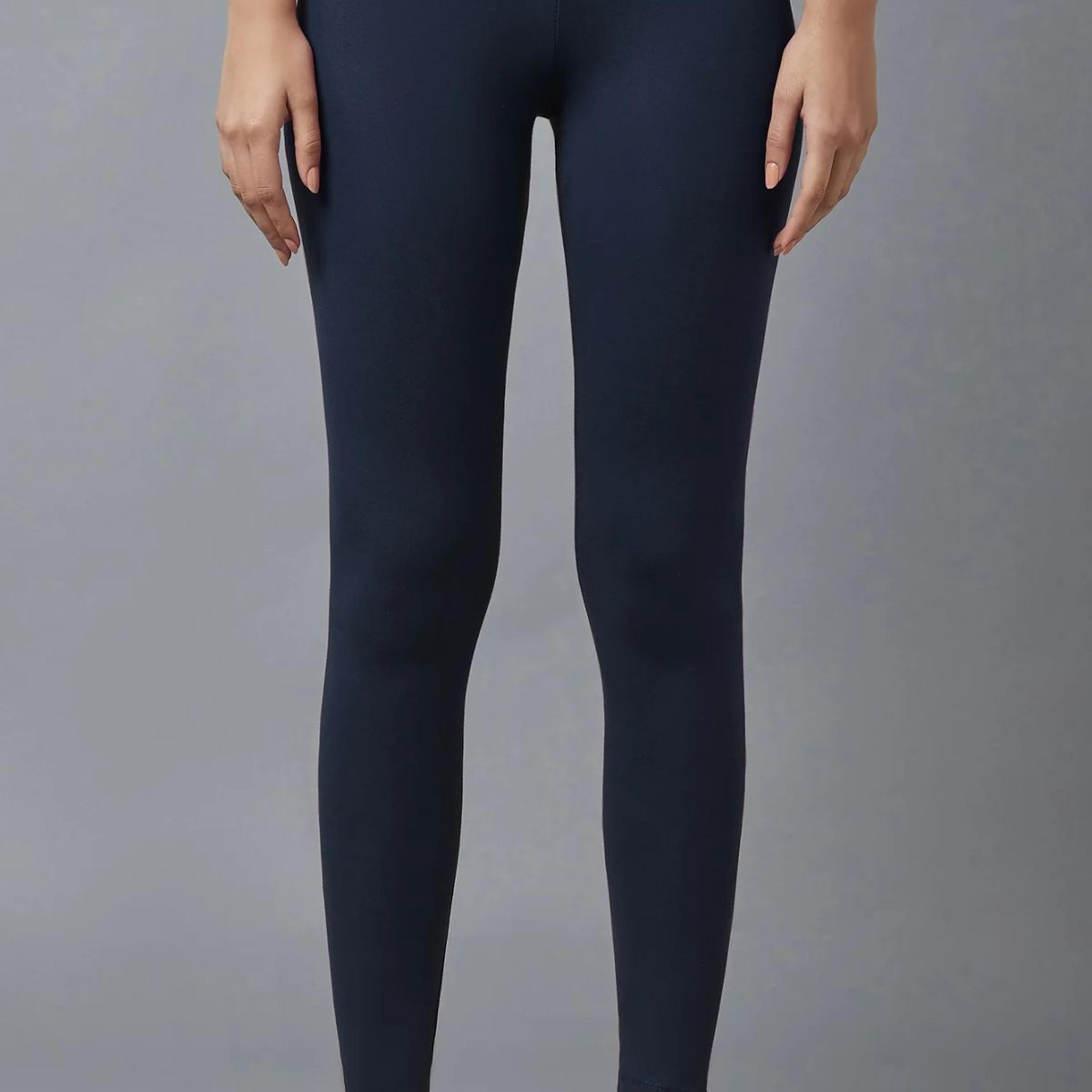 Navy Blue Solid Skinny Fit Cotton Tights With Elasticated Waist