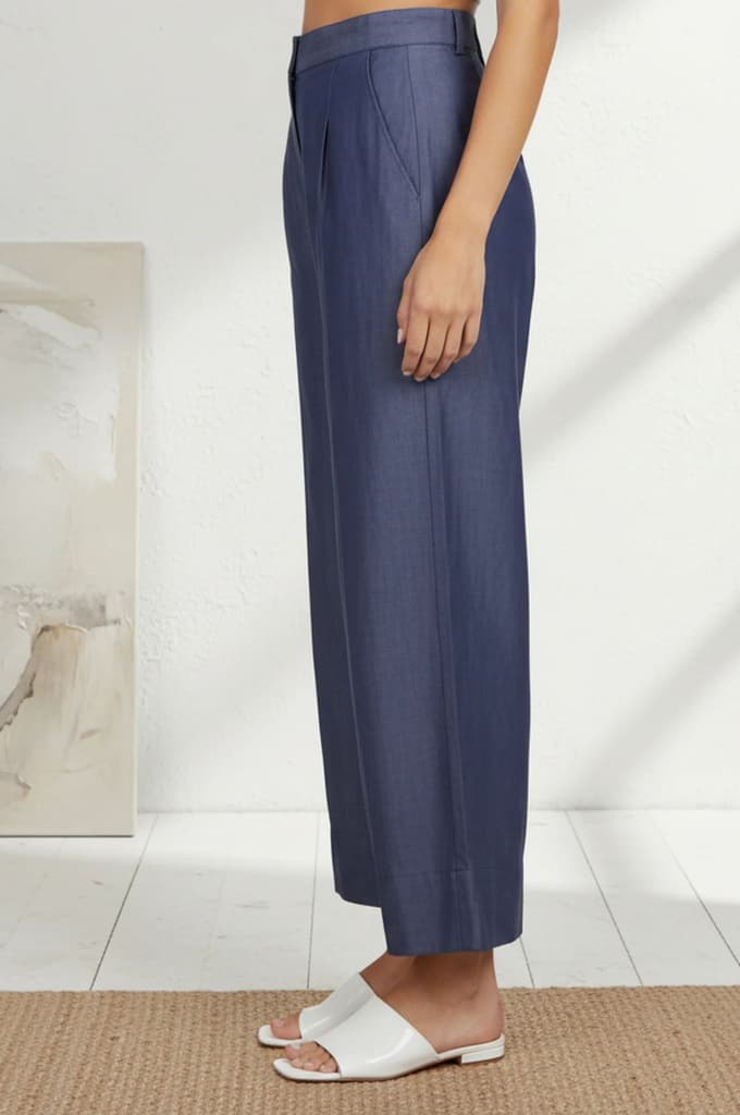 Blue Solid Tencel Relaxed Fit Ankle Length High Rise Pants — photo 3
