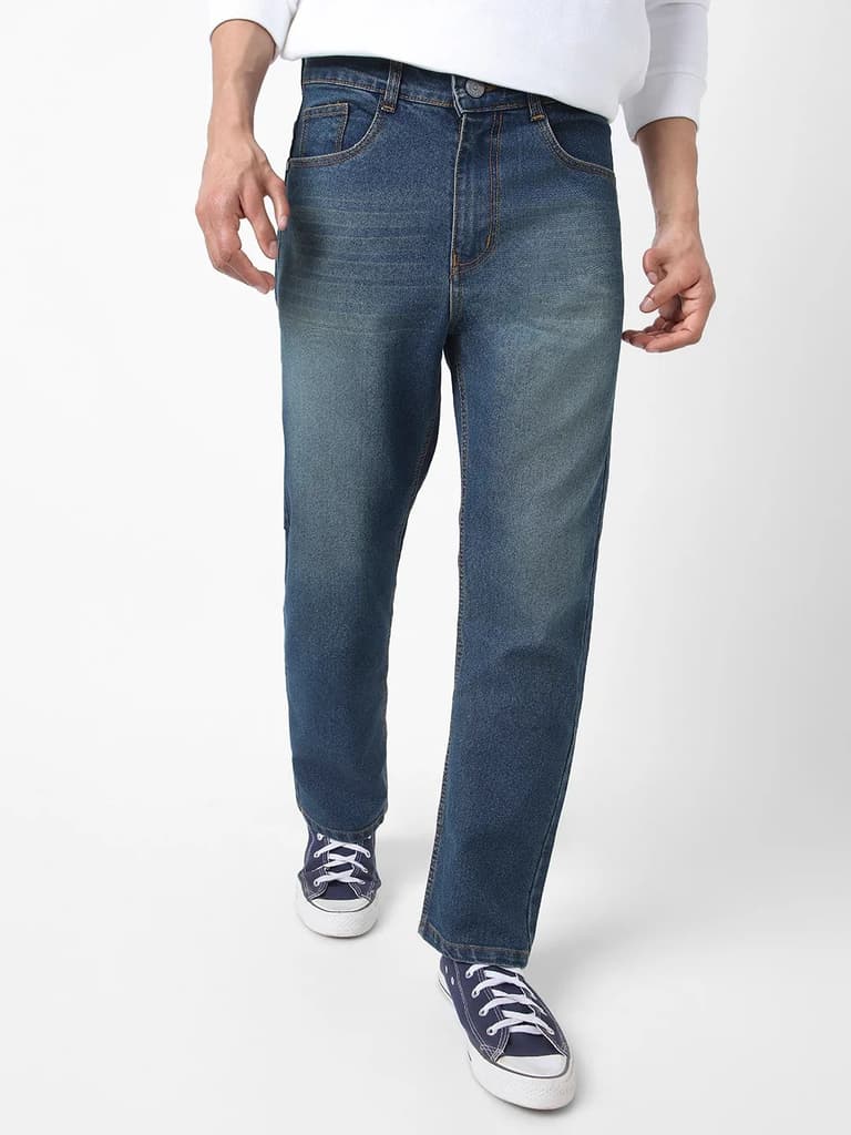 Men's Blue Straight Fit Washed Jeans Stretchable — 28 / Blue