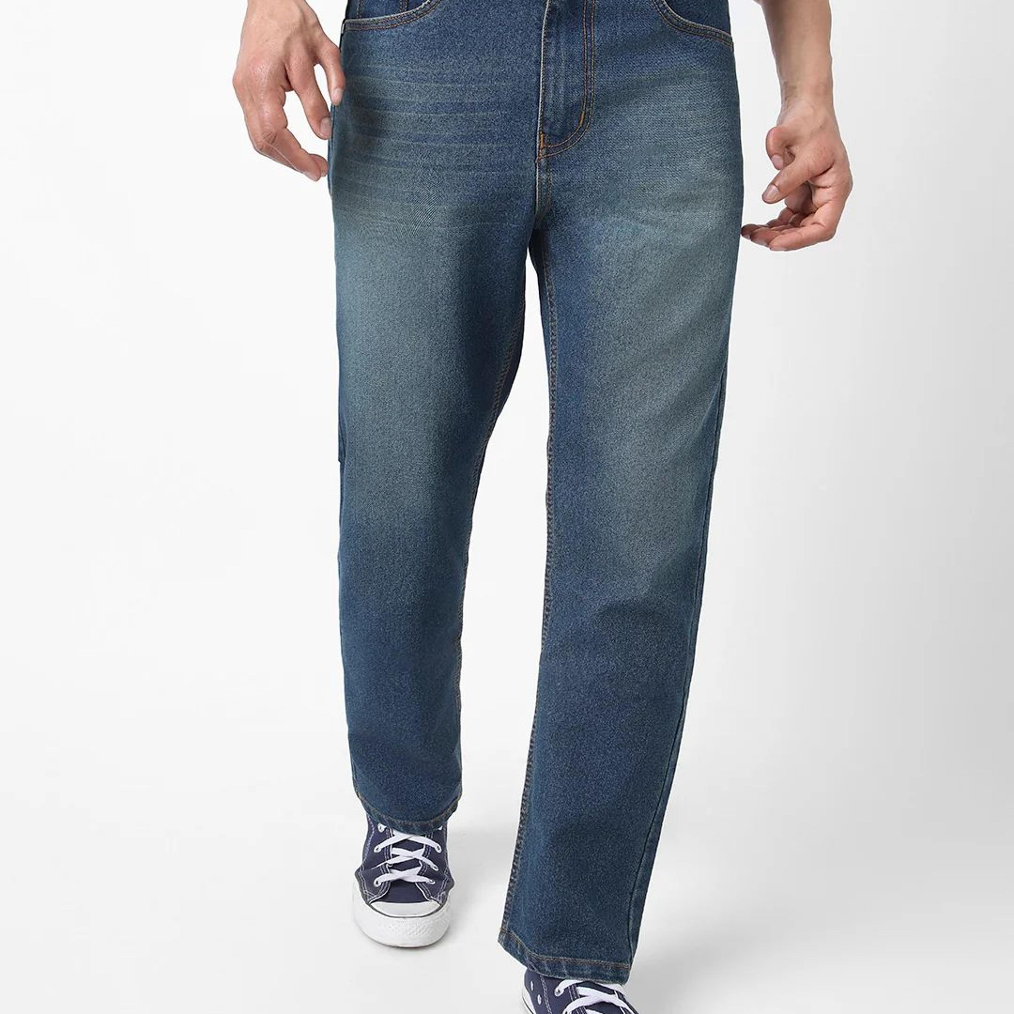 Men's Blue Straight Fit Washed Jeans Stretchable