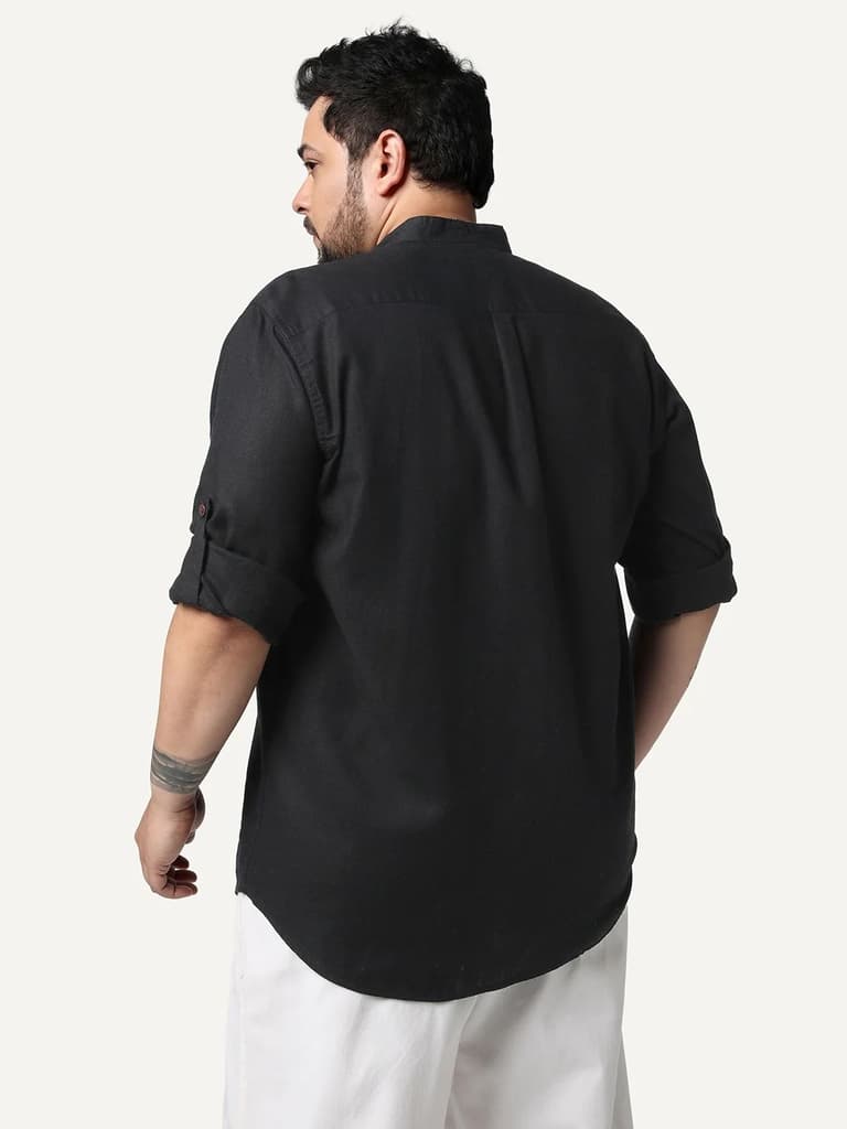Plus Men's Black Linen Blend Full Sleeve Relaxed Fit Mandarin Collar Casual Solid Shirt — photo 3