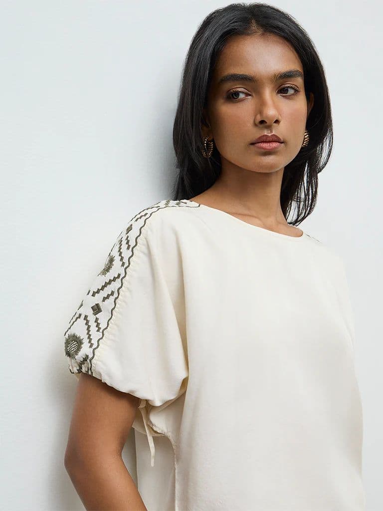 LOV Cream Embroidered Cotton Blouse — photo 3
