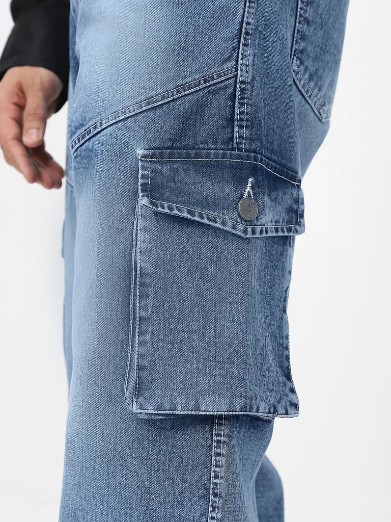 Men's Light Blue Loose Fit Cargo Jeans With 7 Pockets Non Stretchable — photo 5