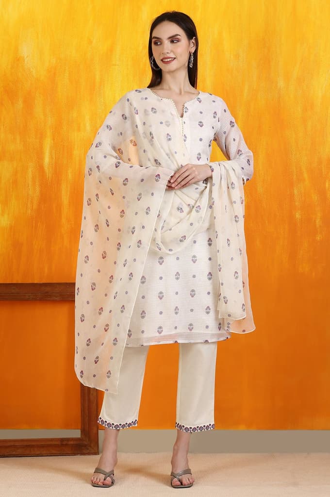 Light Beige Floral Printed Straight Kota Kurta, Pants and Dupatta Set — photo 3
