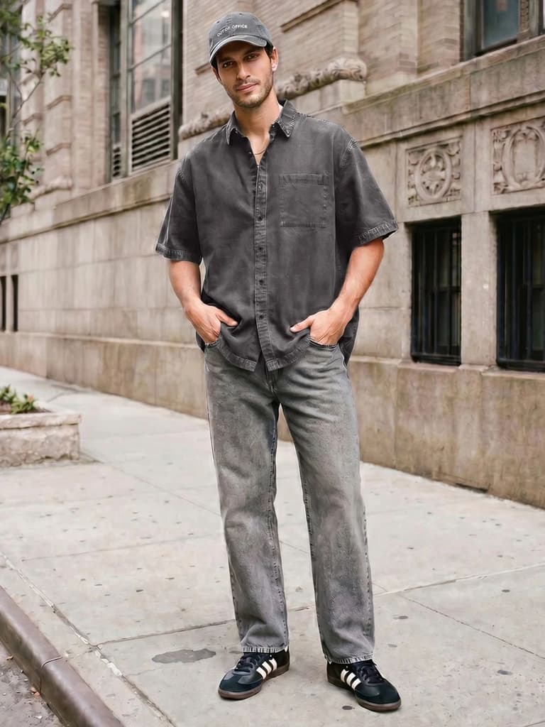 Men's Grey Oversized Fit Half Sleeve Solid Casual Denim Shirt — photo 4