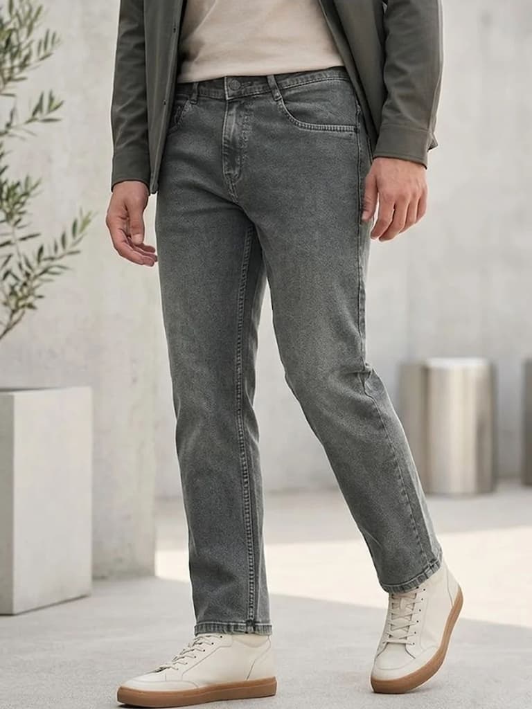 Men's Grey Regular Fit Towel Washed Yellow Tint Denim Jeans Stretchable — 28 / Grey
