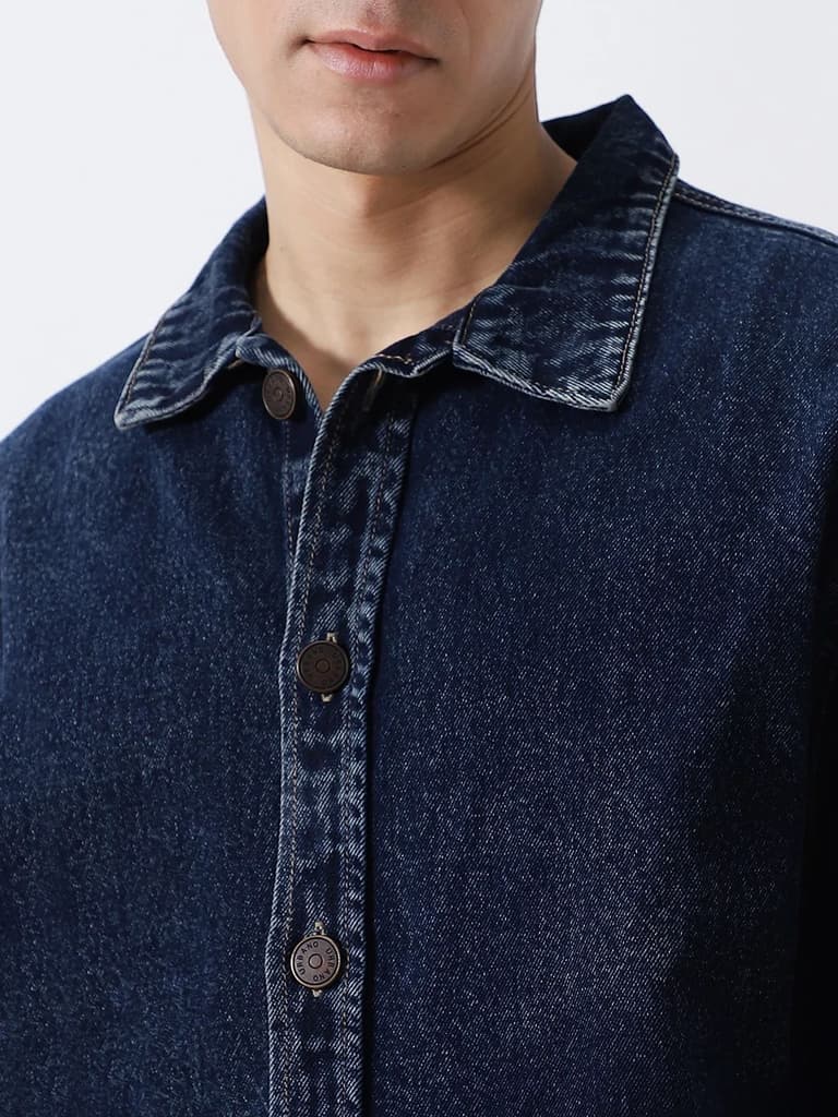 Men's Dark Blue Relaxed Fit Full Sleeve Utility Denim Jacket — photo 6