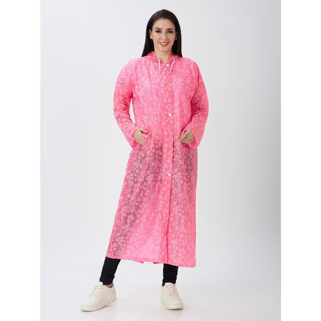 Zeel Women Knee Length Trench PVC Raincoat With Flower Print | Pink — photo 3