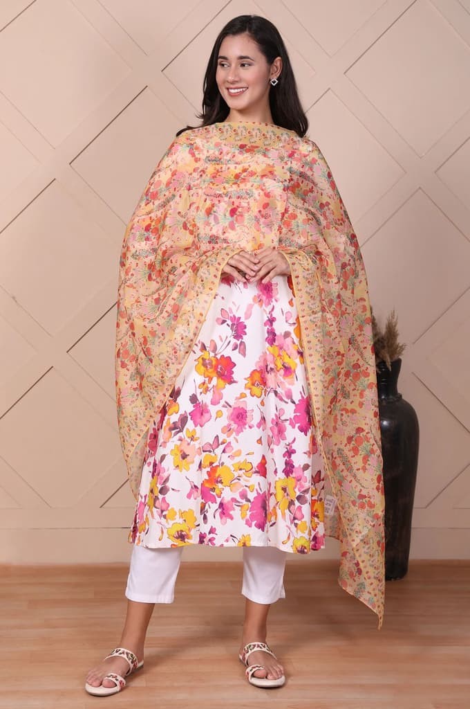 Yellow Floral Printed Organza Dupatta — photo 2