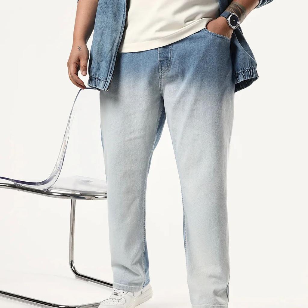 Plus Men's Ice Blue Straight Fit Heavy Washed Faded Denim Jeans Stretchable