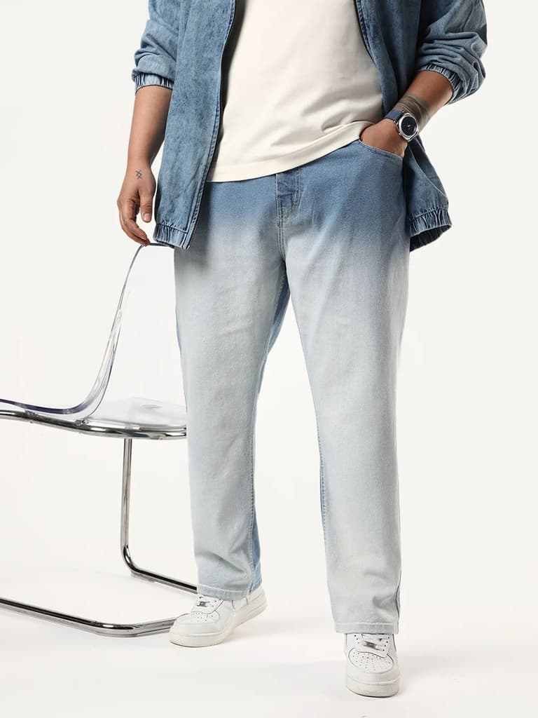 Plus Men's Ice Blue Straight Fit Heavy Washed Faded Denim Jeans Stretchable — 36 / Ice Blue