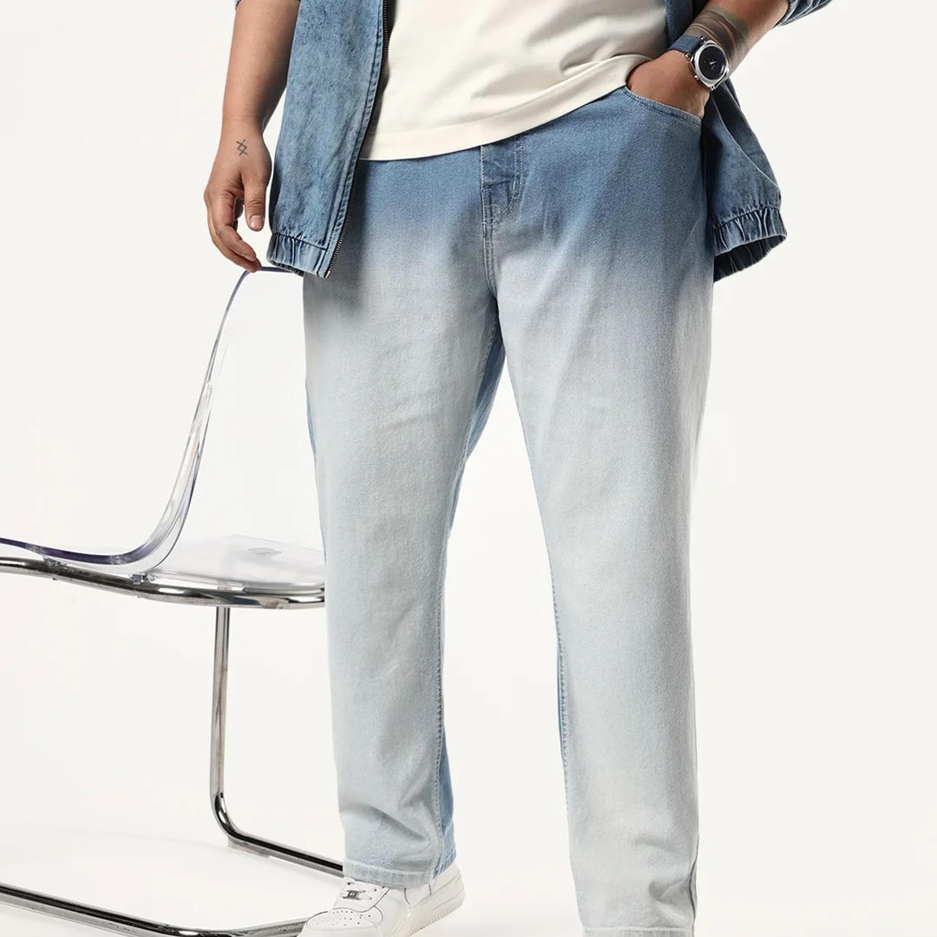 Plus Men's Ice Blue Straight Fit Heavy Washed Faded Denim Jeans Stretchable