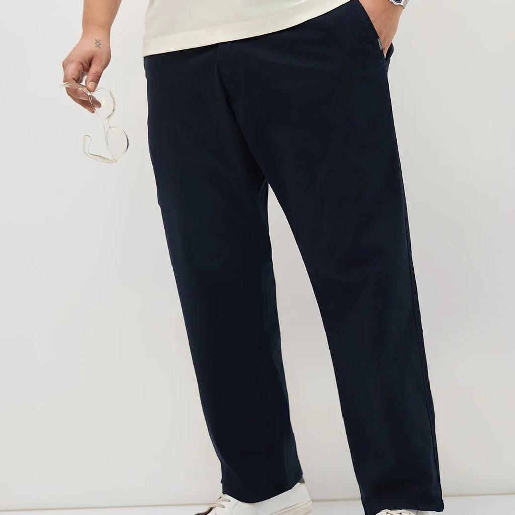 Plus Men's Navy Straight Fit Mid Rise Cotton Casual Chinos Trousers Stretch