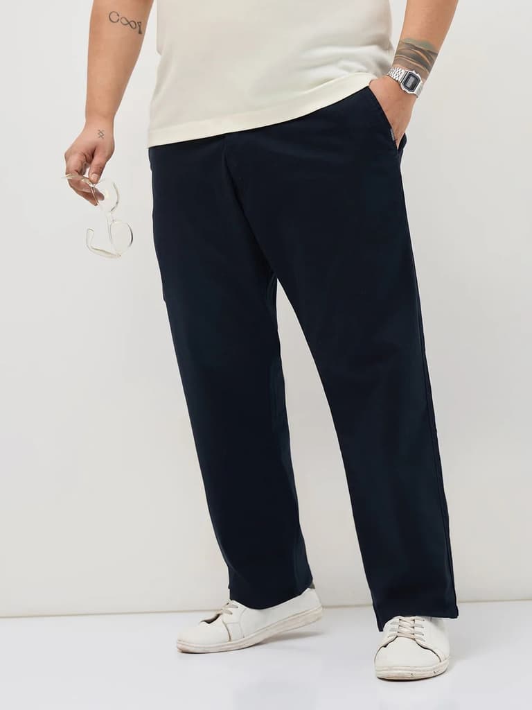 Plus Men's Navy Straight Fit Mid Rise Cotton Casual Chinos Trousers Stretch — 36 / Navy