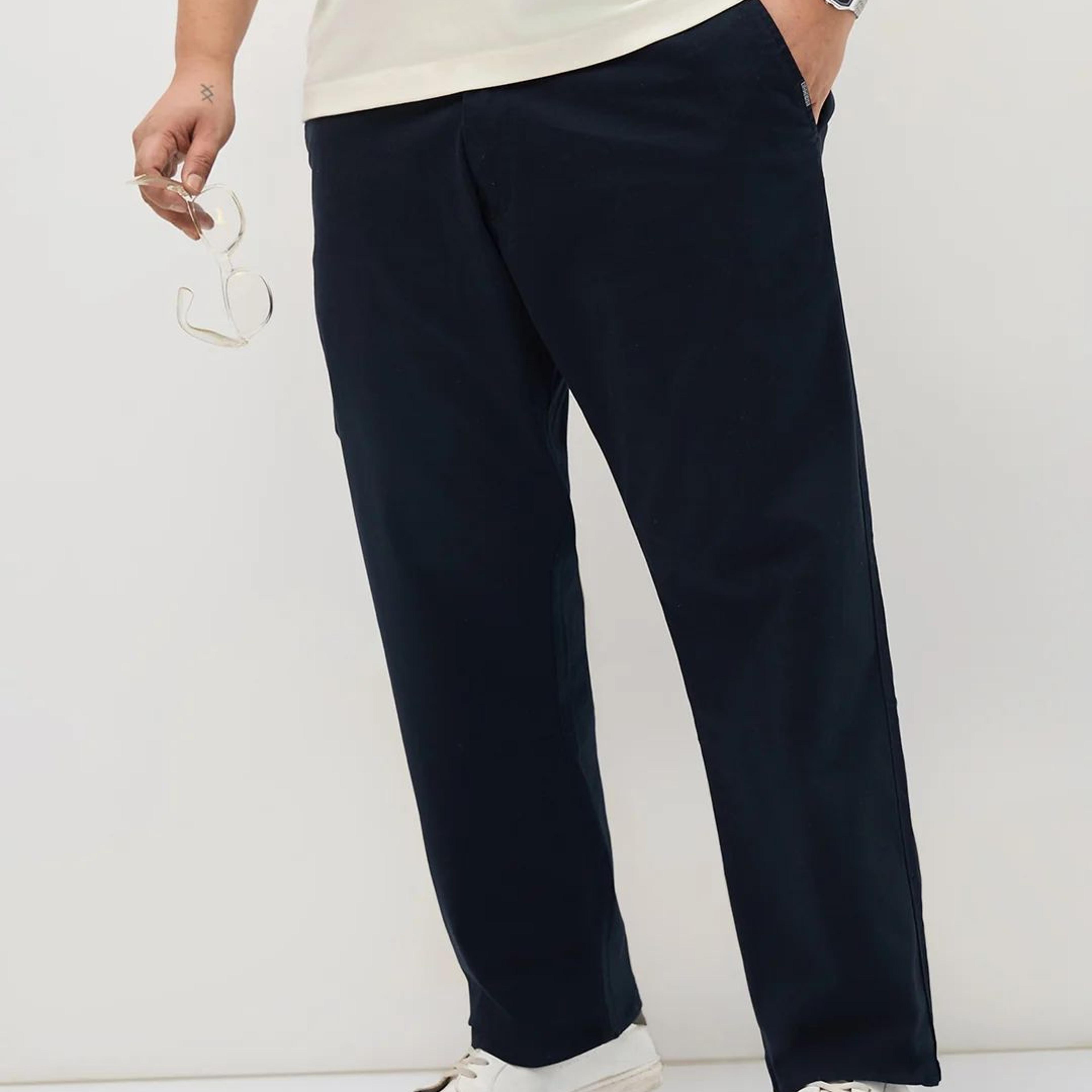 Plus Men's Navy Straight Fit Mid Rise Cotton Casual Chinos Trousers Stretch