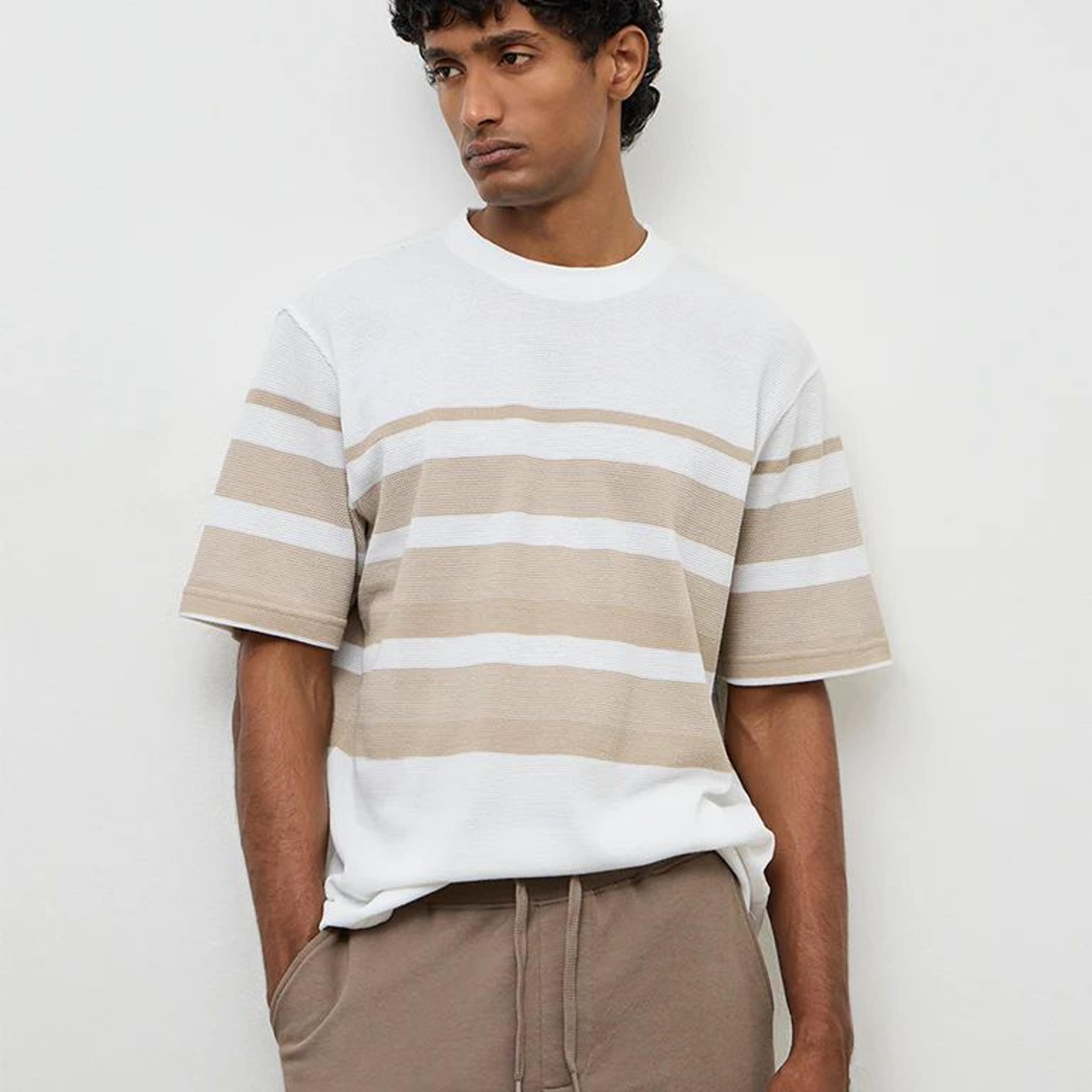 WES Lounge Beige Striped Relaxed-Fit Cotton T-Shirt
